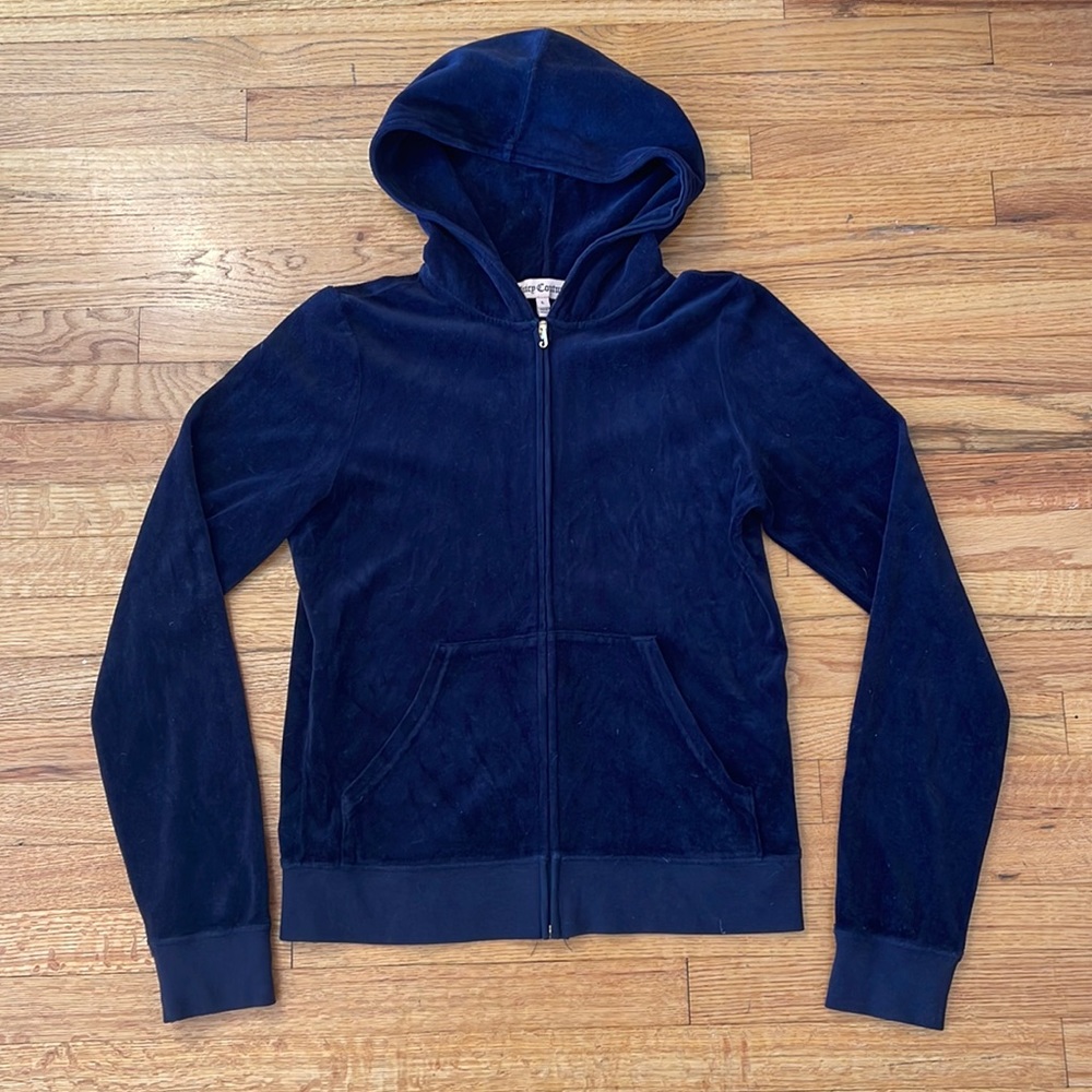 Juicy Couture Navy Blue Velour Full-Zip Hooded Jacket